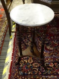 MARBLE TOP SIDE TABLE; SIDE TABLE WITH A ROUND WHITE MARBLE TOP WITH A MAHOGANY BASE. MARBLE SITS ON