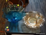 LOT OF COLORED GLASS BOWLS; 2 PIECE LOT TO INCLUDE A BLUE BOWL WITH RUFFLED EDGES AND A PALE YELLOW