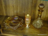 LOT OF ASSORTED COLORED GLASS;3 PIECE LOT TO INCLUDE A YELLOW CARNIVAL GLASS BOWL WITH DIAMOND