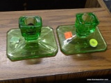 GREEN GLASS CANDLE HOLDERS; SET OF 2 RECTANGULAR GREEN GLASS CANDLE HOLDERS WITH ETCHED FLORAL