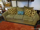 AMERICAN SIGNATURE SOFA; SAGE GREEN AMERICAN SIGNATURE SOFA WITH BROWN TRIM, 3 OVERSTUFFED BACK