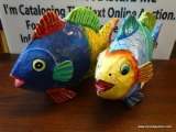 PAPER MACHE FISH; 2 TROPICAL HAND PAINTED MULTI-COLORED PAPER MACHE FISH. MEASURES 13 IN X 8 IN.