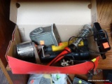 BOX OF ASSORTED ITEMS; LOT INCLUDES 2 VINTAGE PENCIL SHARPENERS- AN APSCO DEXTER SUPER 10 AND A