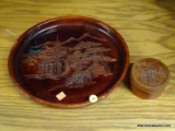LOT OF ORIENTAL ITEMS; 2 PIECE LOT TO INCLUDE CHERRY COLORED WOODEN PLATTER WITH CARVED ORIENTAL