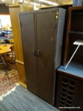 METAL STORAGE CABINET; BROWN METAL 2 DOOR STORAGE CABINET WITH UPPER INTERIOR SHELF. MEASURES 2 FT 6