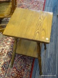TIERED SIDE TABLE; WALNUT SIDE TABLE WITH SQUARE TOP AND LOWER SQUARE SHELF. SITS ON TURNED LEGS.