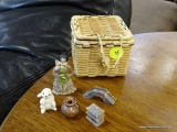 WOVEN BASKET WITH FIGURINES; LOT OF 5 MINI FIGURINES WITH A WOVEN CLOSING BASKET. FIGURINES INCLUDE,