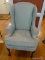 (LR) WING CHAIR; THOMASVILLE CHERRY QUEEN ANNE WING CHAIR WITH GREEN STRIPED UPHOLSTERY- VERY GOOD