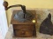 (KIT) COFFEE MILL AND FLAT IRON; WOODEN REPLICA OF AN ANTIQUE COFFEE MILL-7 IN X 7 IN X 12 IN AND