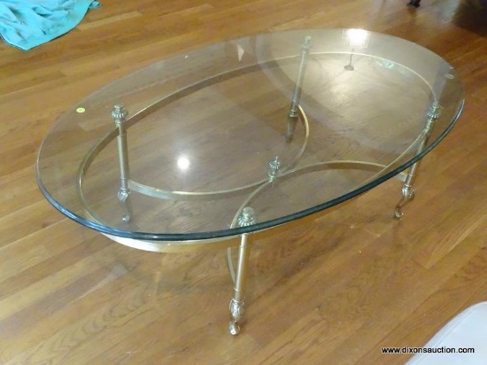 (LR) COFFEE TABLE; BRASS AND BEVELED GLASS TOP COFFEE TABLE- 49 IN X 28 IN X 17 IN