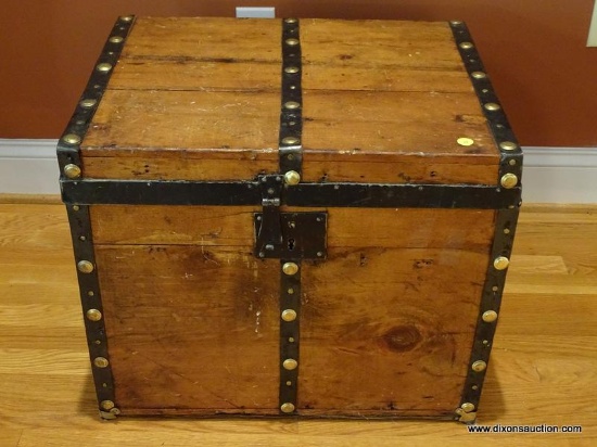 (LR) ANTIQUE TRUNK, ANTIQUE PINE BUSTLE TRUNK WITH METAL STRAPS AND BRASS STUDS, REFINISHED AND