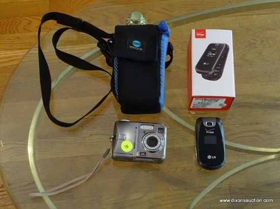 (LR) CAMERA AND PHONE, KODAK EASYSHARE C340 DIGITAL CAMERA WITH CASE AND A VERIZON LG FLIP CELL