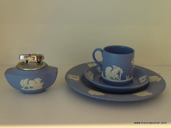 (LR) WEDGEWOOD; WEDGEWOOD LIGHTER AND 3 PC WEDGEWOOD SET- WITH CUP, SAUCER AND DESSERT PLATE