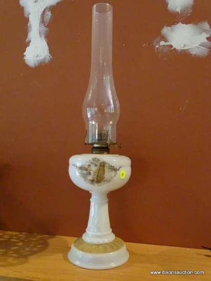 (LR) OIL LAMP; ANTIQUE PAINTED MILK GLASS LAMP WITH PAINTED SAILBOAT AND GLASS CHIMNEY- 23 IN H