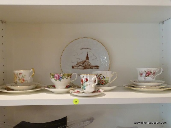 (LR) SHELF LOT; LOT OF TEA CUPS AND SAUCERS SOME WITH DESSERT PLATES- INCLUDE ROYAL ALBERT, ROYAL