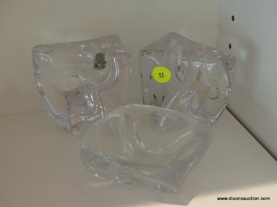 (LR) DAUM CRYSTAL ITEMS; PR. OF SIGNED DAUM MID CENTURY MODERN CRYSTAL CANDLE HOLDERS- 4IN. H AND