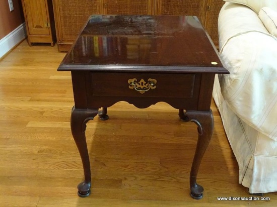(LR) END TABLE; ONE OF A PR. OF ETHAN ALLEN CHERRY QUEEN ANNE END TABLES, ONE DRAWER DOVETAILED WITH