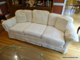 (LR) SOFA; HICKORY CRAFT WHITE FLAME STITCHED UPHOLSTERED SOFA, MINOR STAIN ON TOP CUSHION, BUT