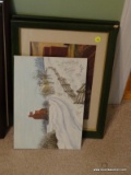 (MBED) LOT OF PICTURES, PR. OF VINTAGE FARM PRINTS IN GREEN FRAMES- 18 IN X 14 IN AND AN UNFRAMED