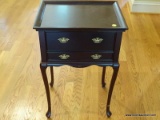 (LR) STAND; BOMBAY CHERRY QUEEN ANNE 2 DRAWER STAND- HAS 2 VELVET LINED DRAWERS WITH DIVIDERS- VERY