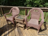 (DECK) 3 PC WICKER SET; 3 PC VINYL WICKER SET- 2 ARM CHAIRS IN ROUGH CONDITION-29 IN X 24 IN X 38 IN