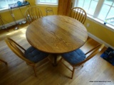 (KITCHEN) TABLE AND 4 CHAIRS; ROUND OAK PEDESTAL TABLE ( WITH 12 IN LEAF) AND 4 CHAIRS- TABLE- 48 IN