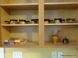 (KIT) CABINET LOT; LOT INCLUDES- 5 ART POTTERY SOUP BOWLS, WOODEN MORTAR AND PESTLE, MAHOGANY SUGAR