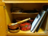 (KIT) CABINET LOT; LOT INCLUDES- SMOKE GLASS DIVIDED TRAY, AMBER CAKE STAND, FONDUE POT, BBQ TOOLS,