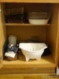 (KIT) CABINET LOT; LOT INCLUDES- BAKING CASSEROLE DISHES, COLANDER,ETC.