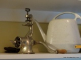 (HALL) SHELF LOT; LOT INCLUDES- MEAT GRINDER, WATERING CAN, TRAY WITH SANDPAPER NEW WIRE STORAGE