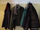 (HALL) COATS; 3 L.L. BEAN MEN'S JACKETS- 2 LARGE AND 1 XL, LANDS END NYLON VEST AND A LARGE FLEECE