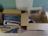 (UPBED) 2 BOX LOTS; NEW QUILTED PHOTO ALBUM AND MATERIAL, BOX 2- AVON PERFUME BOTTLES 2 HURRICANE