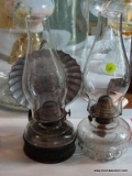 (UPBED) 2 OIL LAMPS; 2 VINTAGE OIL LAMPS WITH CHIMNEY- FINGER LAMP- 12 IN AND A HANGING LAMP WITH