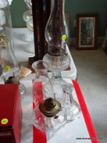 (UPBED) 2 OIL LAMPS; 2 VINTAGE OIL LAMPS WITH CHIMNEY- 18 IN AND 1 NEEDS TO BE RE-ATTACHED THE BASE