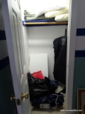 (UPBED) CLOSET LOT; LOT INCLUDES- SUIT BAG, PILLOWS, BLANKET, WATERBED MATTRESS, ETC