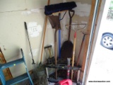 (GARAGE) TOOL STAND AND TOOLS; RUBBERMAID TOOL HOLDER AND YARD TOOLS