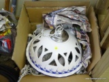 (GARAGE) HANGING LIGHT FIXTURE- BLUE AND WHITE PORCELAIN HANGING LIGHT FIXTURE WITH CHAIN-17 IN DIA.