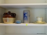 (LR) SHELF LOT; LOT INCLUDES- POTTERY BEAN POT, 3 PC MINTON TEA SET CUP AND SAUCER WITH DESSERT