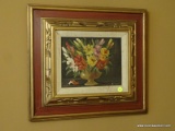 (DR) FRAMED OIL ON CANVAS; FRAMED OIL ON CANVAS OF STILL LIFE BY RINER IN A RED AND GOLD PAINTED AND