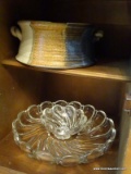 (DR) CONTENTS OF LEFT CABINET DOOR; CONTENTS INCLUDE MID CENTURY DESIGN GLASS CHIP AND DIP SET, ART