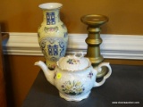 (DR) MISCELL. LOT; LOT INCLUDES- CROWN DORSET 6 IN TEAPOT WITH REPAIRED LID, ORIENTAL VASE ON