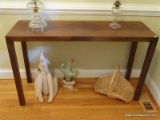 (FOYER) FOYER TABLE; LANE MID CENTURY MODERN MAHOGANY INLAID FOYER TABLE- TOP HAS INLAID GEOMETRIC