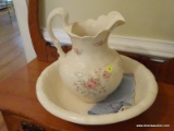 (FOYER) BOWL AND PITCHER SET; 2 PC. BOWL AND PITCHER SET- FLORAL PITCHER- 10 IN H. AND WHITE 16 IN