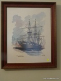 (FOYER) FRAMED PRINT; FRAMED WATERCOLOR PRINT OF THE U.S.S. CONSTITUTION IN WALNUT FRAME- 19 IN X 23