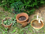 (OUT FRONT) BIRD BATH AND PLANTERS- METAL BIRD BATH ( BROKEN BUT CAN BE WELDED)-23 IN H AND 2