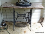 (PORCH) TABLE; CAST IRON AND MARBLE TOP TABLE- TABLE BASE ONCE WAS A PART TO A SEWING CABINET-