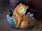 (GARAGE) PAINTED TRASH CAN, METAL PAINTED DECORATIVE CAT TRASH CAN- 12 IN X 14 IN