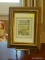 (LR) FRAMED PRINT; FRAMED AND DOUBLE MATTED PRINT OF A RABBIT IN A WHEELBARROW IN A GOLD FRAME- 8IN