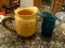 (KIT) SET OF PITCHERS; 2 PIECE LOT TO INCLUDE A WOODEN PITCHER AND A TEAL BLUE FLORAL PITCHER WITH