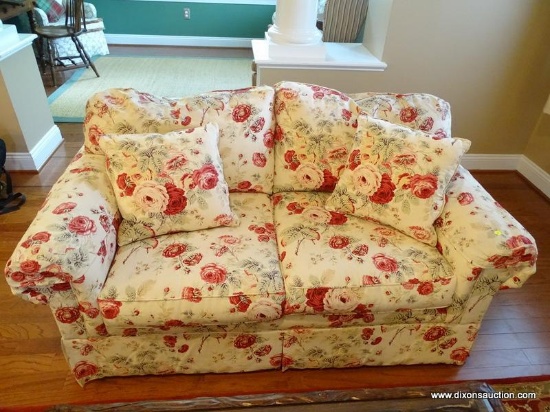 (LR) LOVESEAT; ONE OF A PR. OF FLORAL UPHOLSTERED LOVESEATS IN EXCELLENT CONDITION-62 IN X 38 IN X